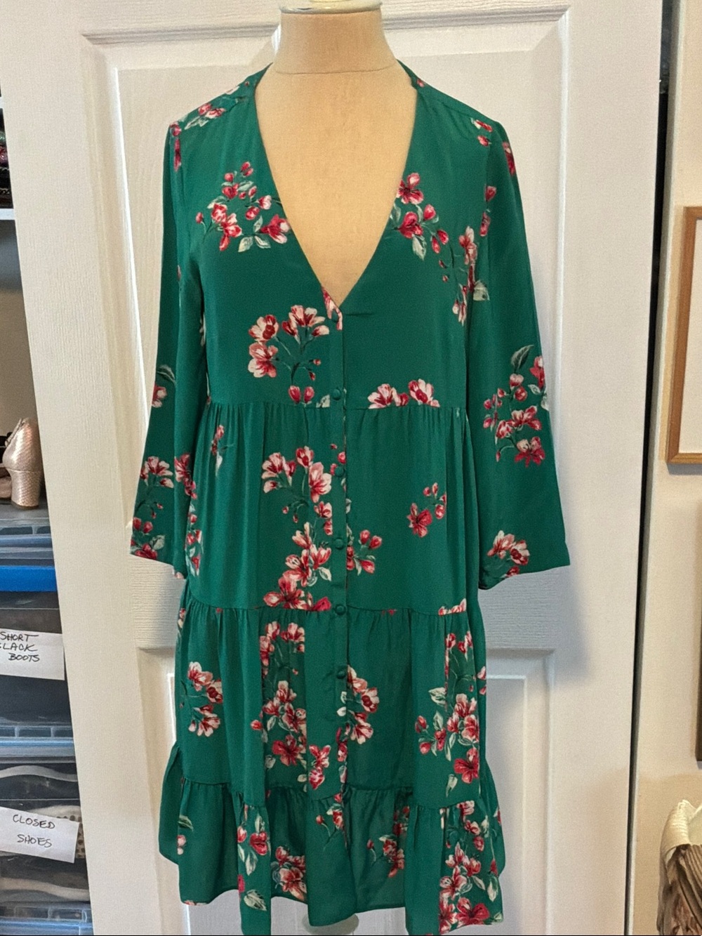 Sezane Green Floral Long Sleeve Tiered Dress